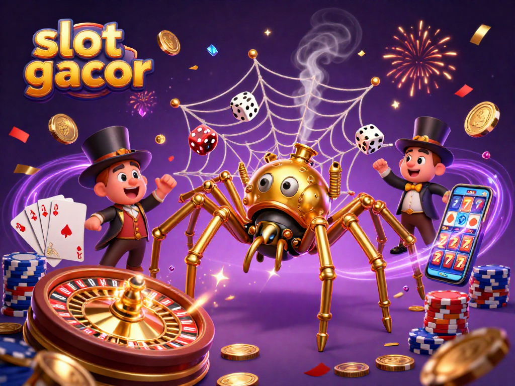 Engage with slot gacor strategies as a whimsical spider casts golden webs in a vibrant casino.