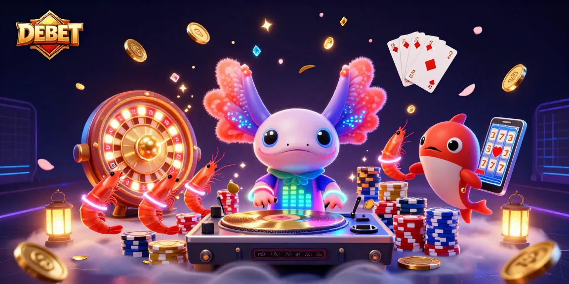 DEBET enhances your gaming experience with a vibrant, lively casino atmosphere showcasing fun characters.