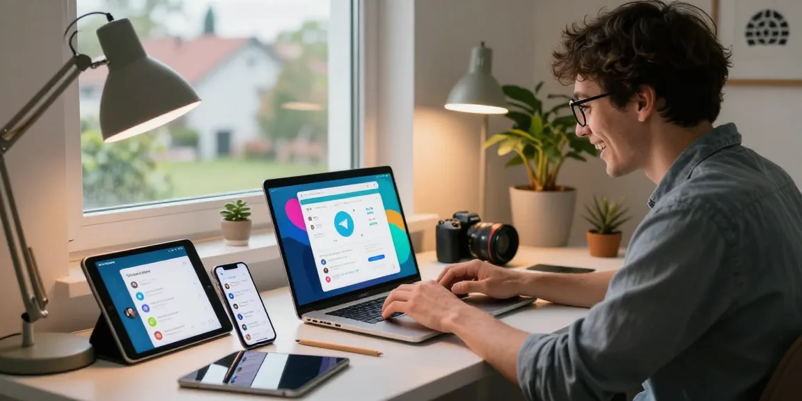 Engaged user utilizing Telegram Web Version in a cozy home office.
