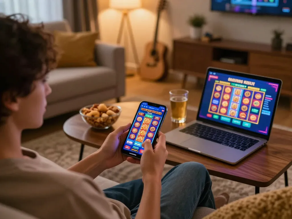 A player enjoying a slot bet kecil on their smartphone in a cozy living room.