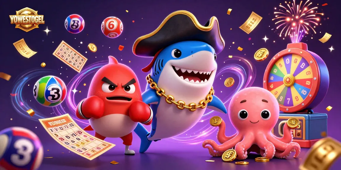 Experience the thrill of YOWESTOGEL's vibrant lottery scene with characters and colorful elements.