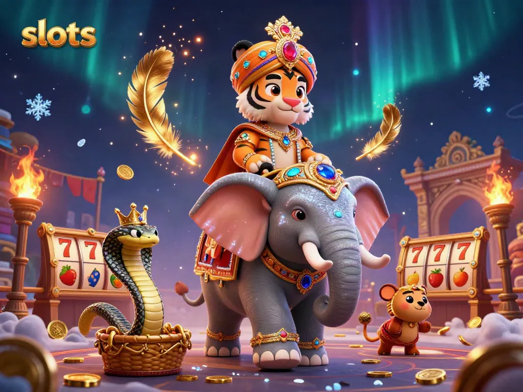 Experience the thrill of slots with this vibrant 3D scene, featuring a tiger and elephant amidst casino elements.