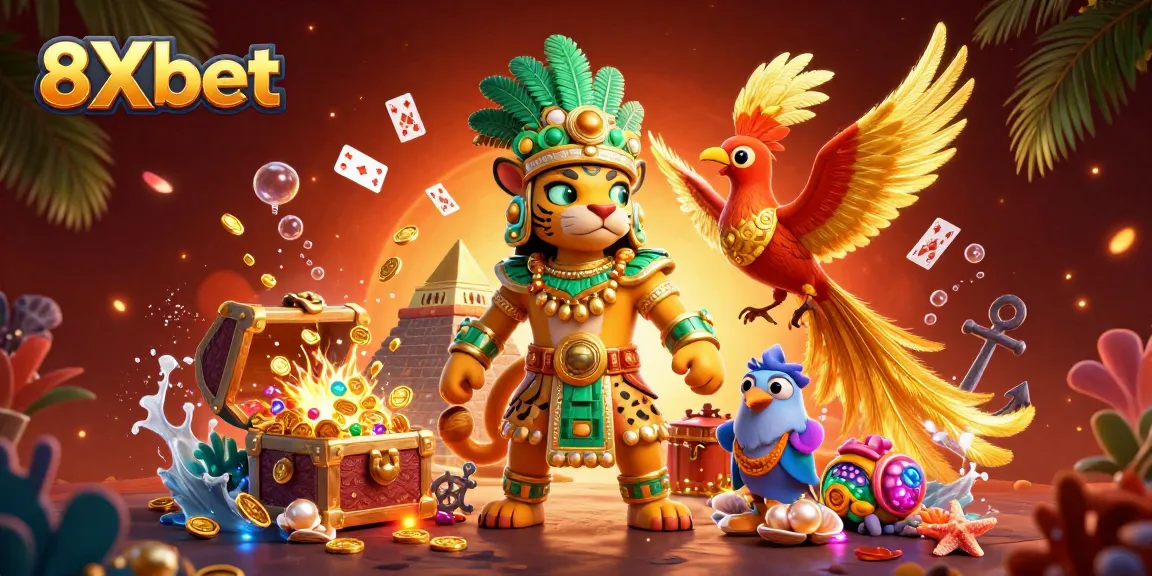 Engage with 8Xbet's dynamic casino experience in a vibrant illustrated scene.
