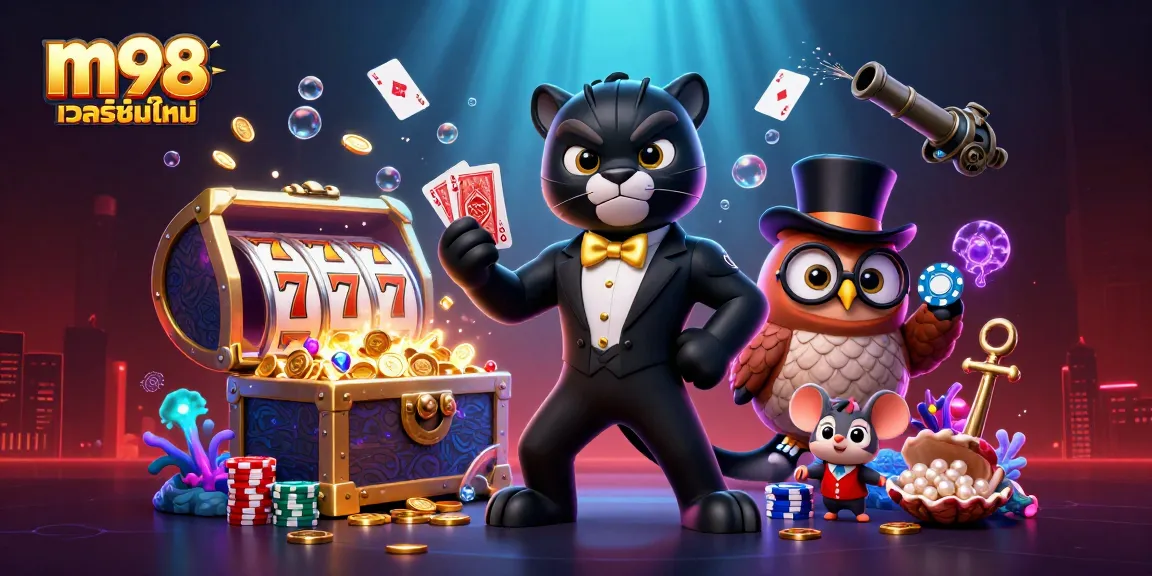 Experience excitement with m98 เวอร์ชั่นใหม่ as stylish characters deal cards and showcase vibrant slots.