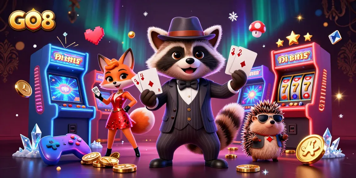 GO8 casino scene featuring animated raccoon and fox with poker elements and vibrant gaming machines