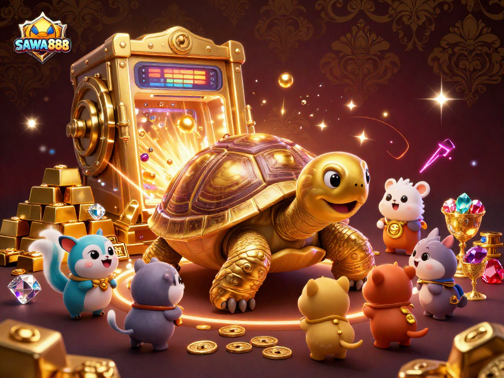 Experience exciting gaming at SAWA888 with a vibrant scene featuring a golden tortoise pinball machine and eager animal players.