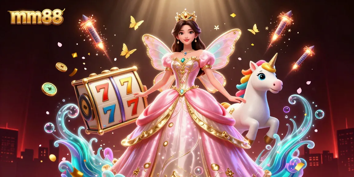 Experience the magic of mm88 with the glamorous princess, golden unicorn, and slot games in a dazzling casino illustration.