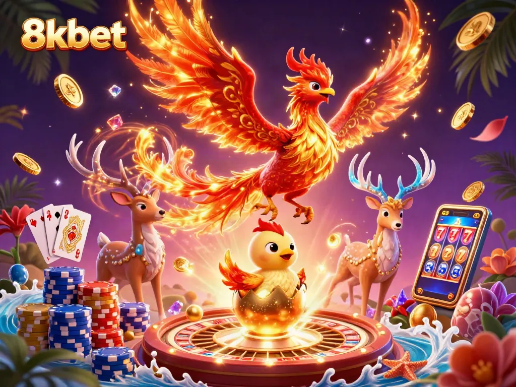 Experience thrilling gameplay at 8xbet with a stunning 3D illustration featuring phoenixes and casino elements.