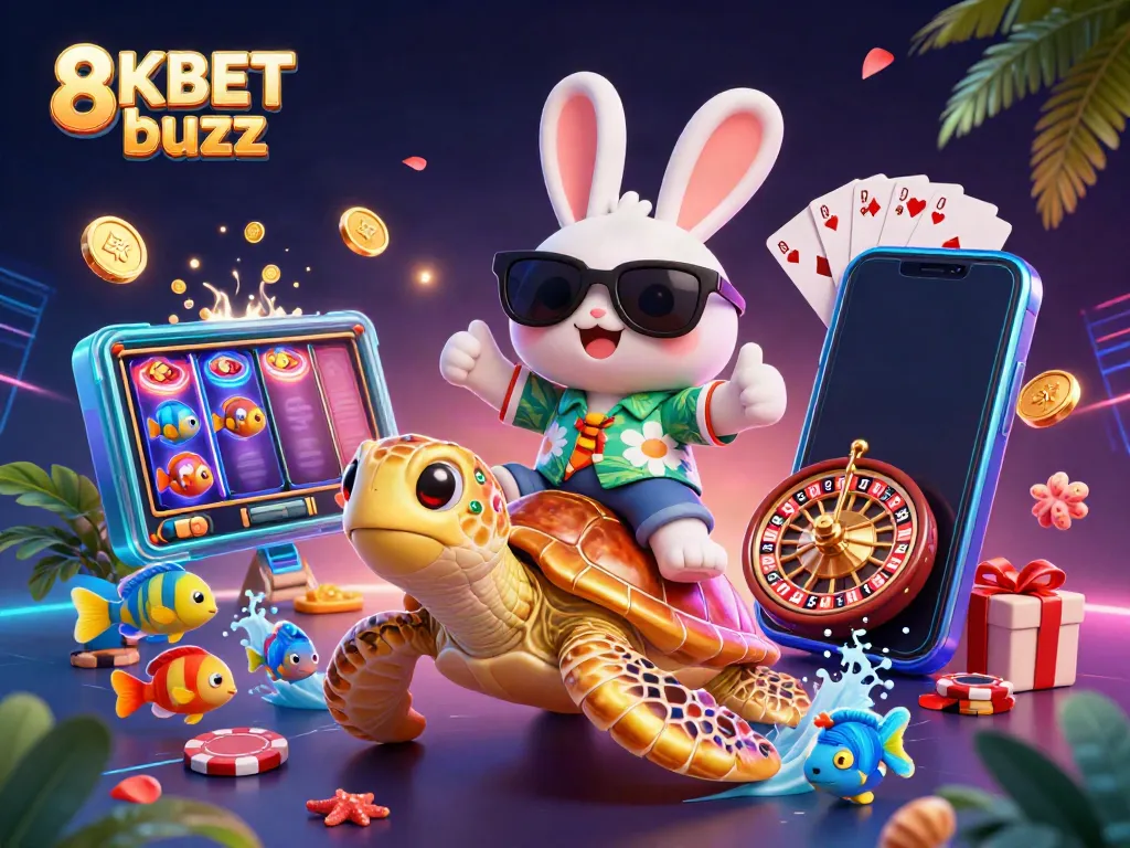 Experience the thrill of 8KBET buzz with a vibrant 3D scene featuring lucky characters and dynamic gaming elements.