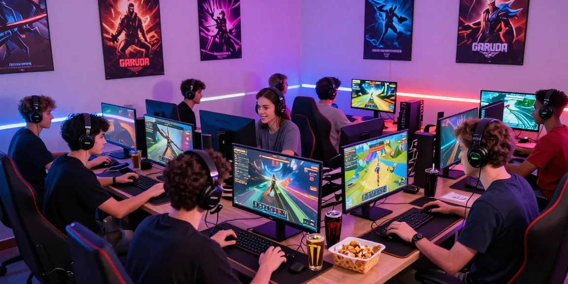 Players enjoying GARUDA303 online gaming in a lively lounge with neon lights