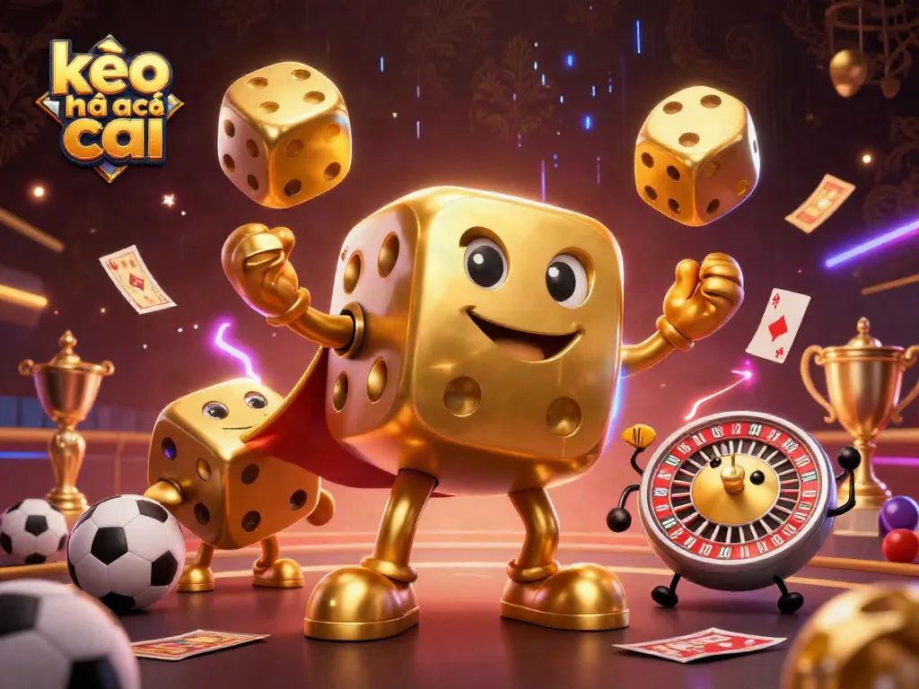 Engage in kèo nhà cái with vibrant 3D illustration of a dice golem alongside sports betting elements for dynamic action.