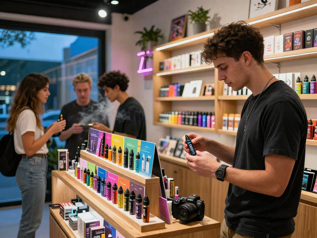 Engaging vape shop scene with Muha Meds products, showcasing vibrant displays and relaxed atmosphere.
