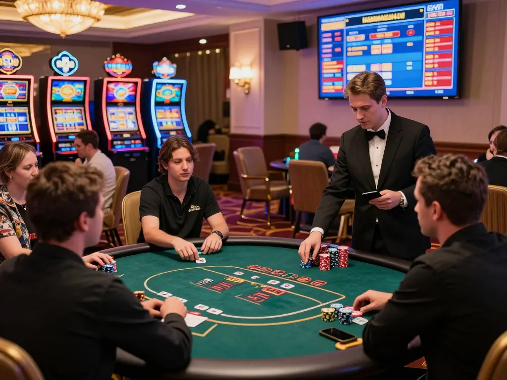 Exciting gaming environment at hubet88com featuring players engaged at poker and blackjack tables in a luxurious casino setting.
