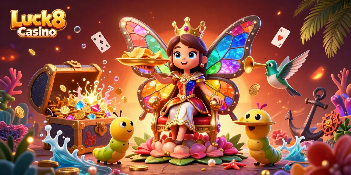 Engage with Luck8 Casino's vibrant imagery of a butterfly queen and treasure in a lively casino setting.