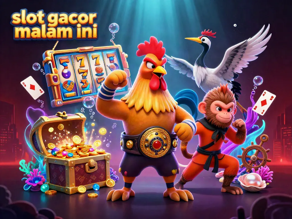 Gambarkan pengalaman bermain slot gacor malam ini dengan karakter ayam Muay Thai, monyet Shaolin, dan master bangau, dikelilingi elemen permainan yang menarik.