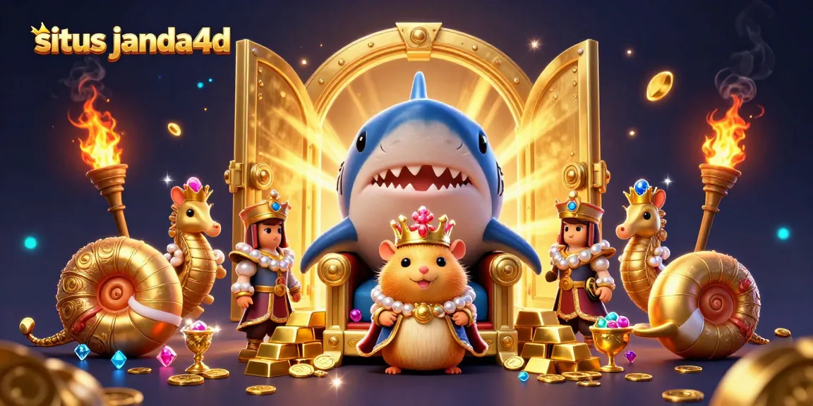 Menghadirkan situs janda4d, ilustrasi kasino dengan hamster raja bercorona dan harta karun berkilauan.
