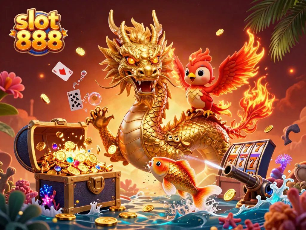 Engage in thrilling gameplay with slot 888 featuring a golden dragon and treasures in a vibrant casino setting.