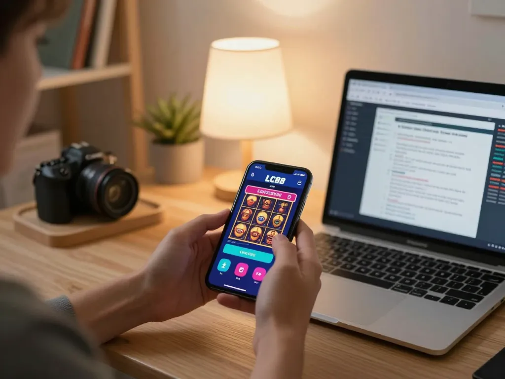 Player enjoying online gaming with LC88 app on smartphone in cozy home setting