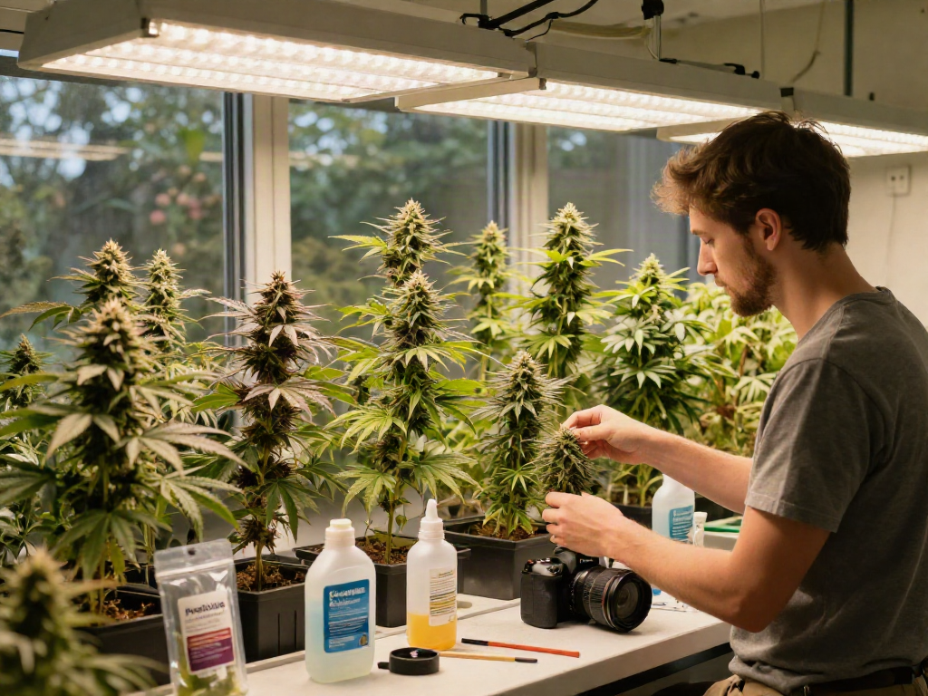 Indoors with autoflower cannabis genetics being cultivated, showcasing various strains and grower's care.