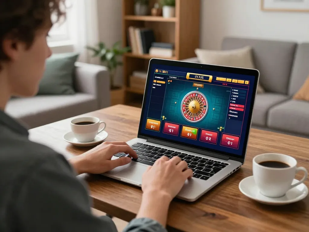 Player enjoying 32win online casino gaming on laptop in cozy home setting.