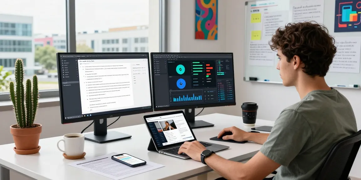 AI detector software analysis in modern workspace with dual monitors showing content moderation metrics.
