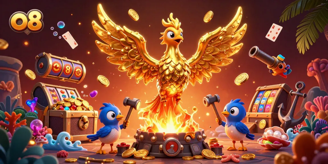 Experience excitement with the golden phoenix soaring above casino elements at o8, embracing the thrill of the game.