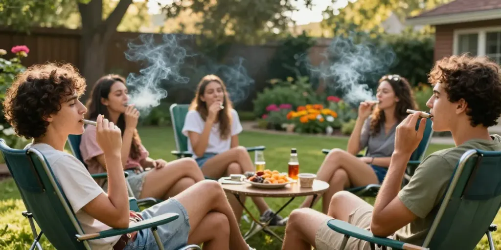 Friends enjoying ready to smoke weed at an outdoor gathering in a garden.