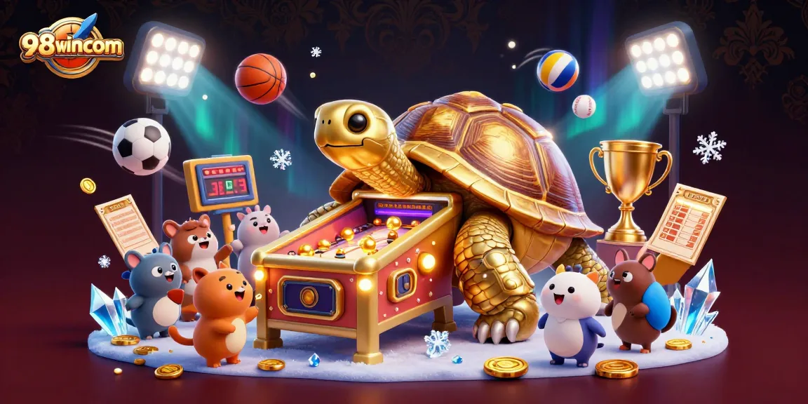 Engage in thrilling gaming action at 98wincom featuring animated golden tortoise and exciting casino elements.