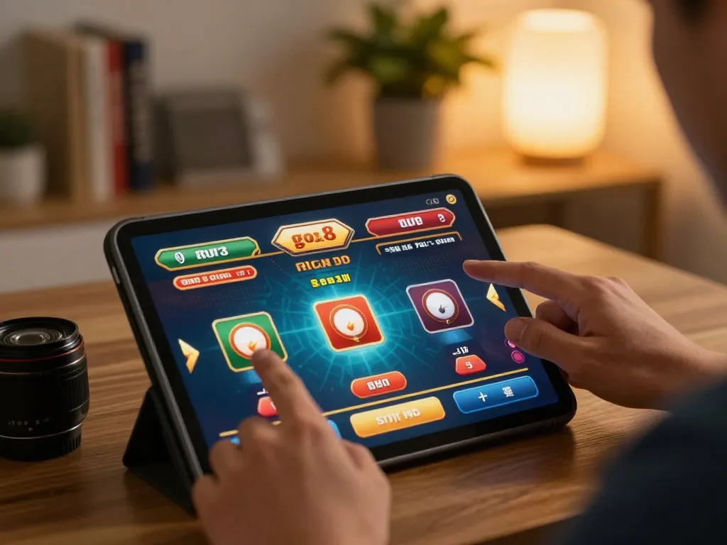Player engaged with go8 betting interface on tablet in a cozy home setup, showcasing responsible gaming.