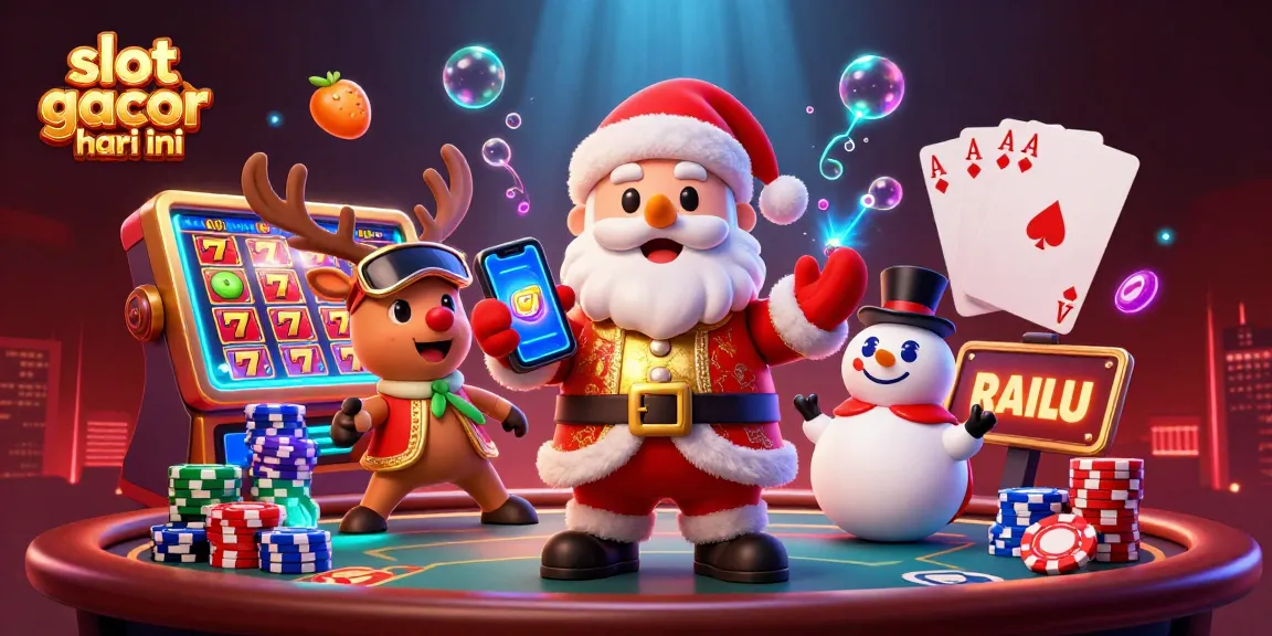 Win big with slot gacor hari ini as Santa, reindeer, and snowman enjoy a vibrant casino scene.