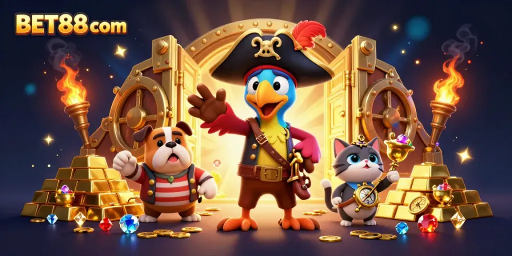 Engage in thrilling gambling excitement at BET88 com with vibrant casino characters and treasures.