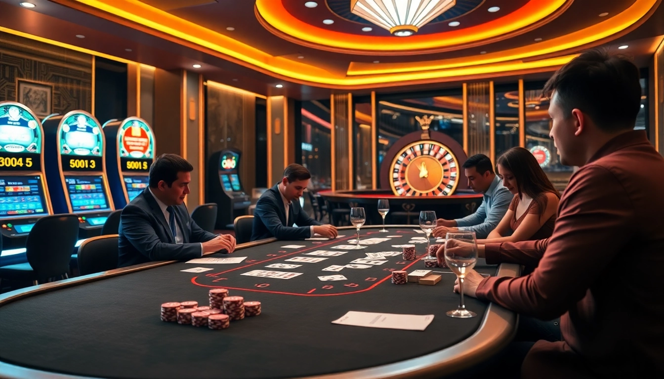 Players enjoying a thrilling game at GG88.pizza casino with exciting tables and glowing slot machines.