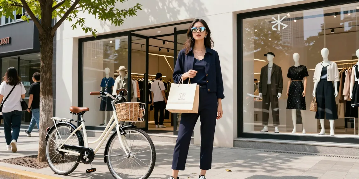 Stylish urban scene featuring shoppers and a model in 레플리카 쇼핑몰 outfits, showcasing vibrant city life.
