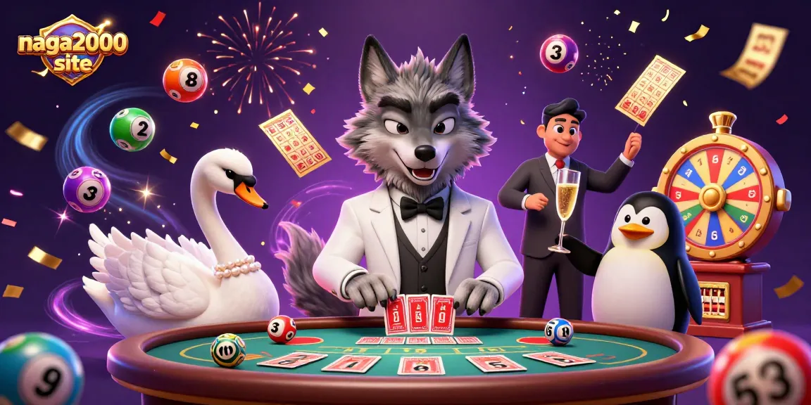 Permainan di situs naga2000 site memperlihatkan wolf, angsa, dan penguin bersenang-senang di meja kasino.