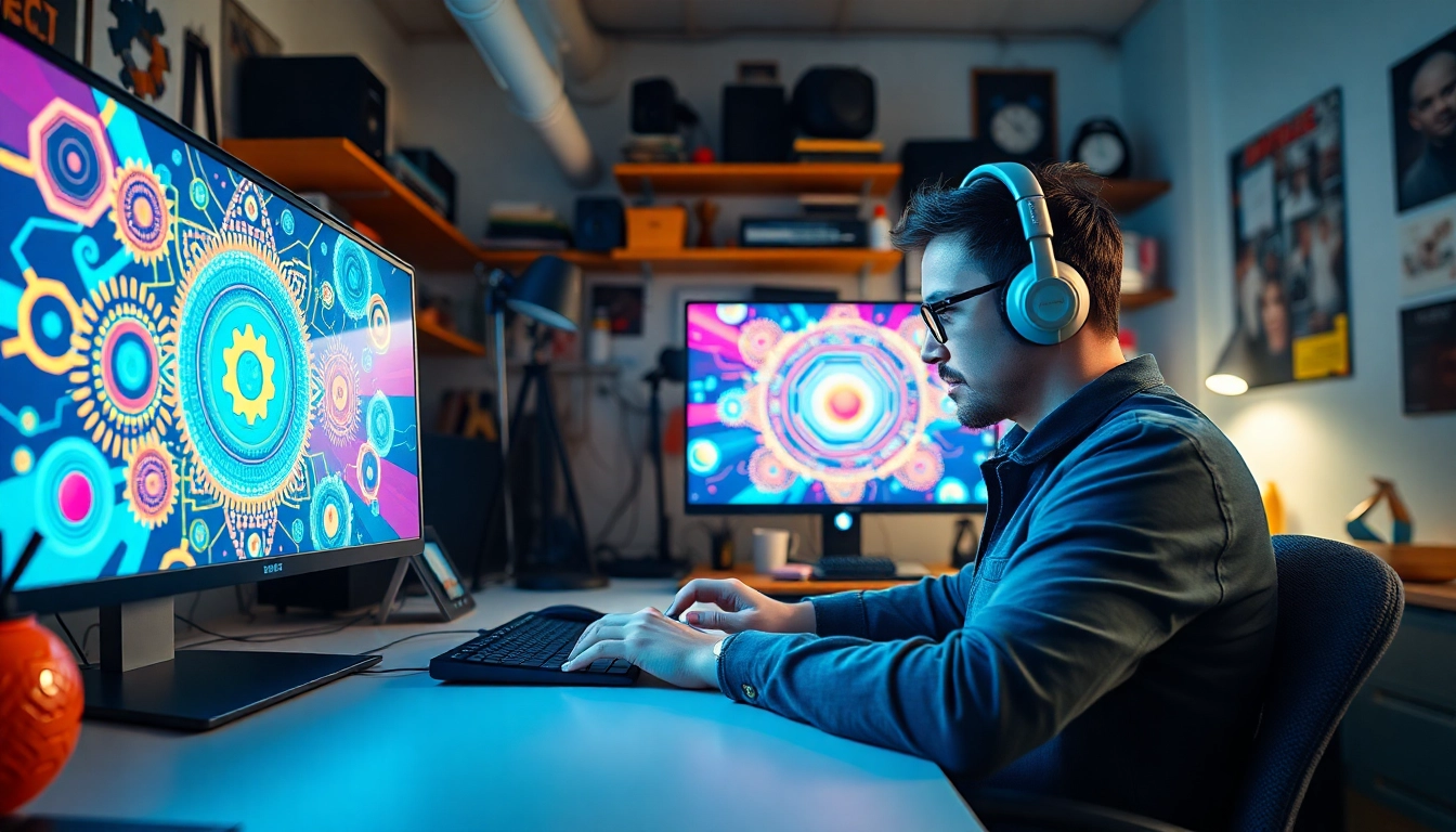 Showcase of a digital artist’s workspace featuring geekthc products with creative tools and vibrant colors.
