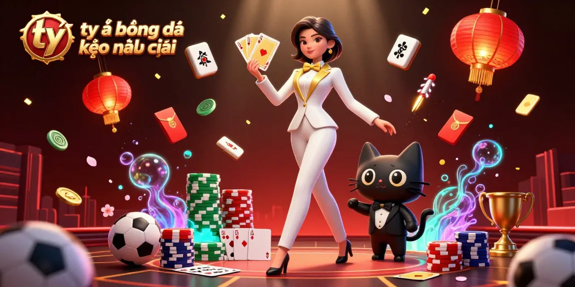 Engage with tỷ lệ bóng đá kèo nhà cái in a vibrant gambling scene featuring a stylish dealer and a playful cat.
