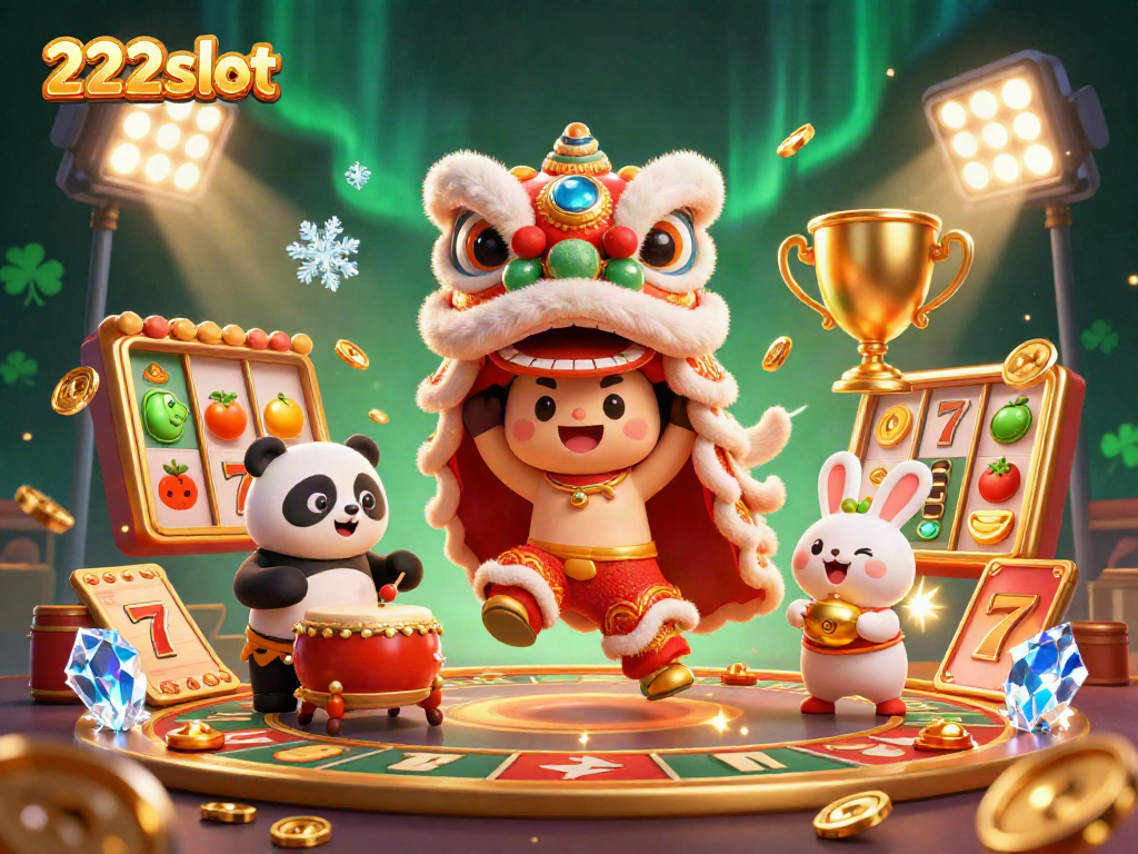 Permainan slot online 222slot dengan karakter tari dan simbol menarik dalam ilustrasi 3D yang dinamis.
