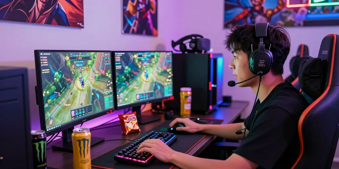Engaged gamer using raja328 link during an intense match in a colorful gaming setup.