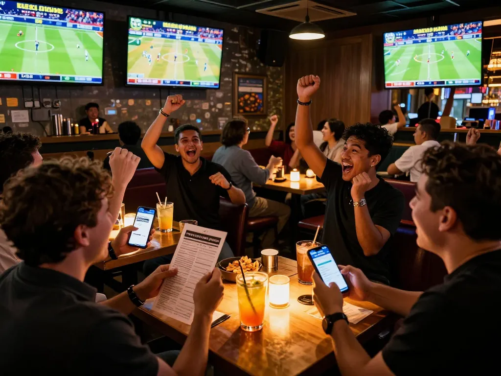 Patrons eagerly placing bets using the keonhacai app amidst lively sports screens in a vibrant atmosphere.