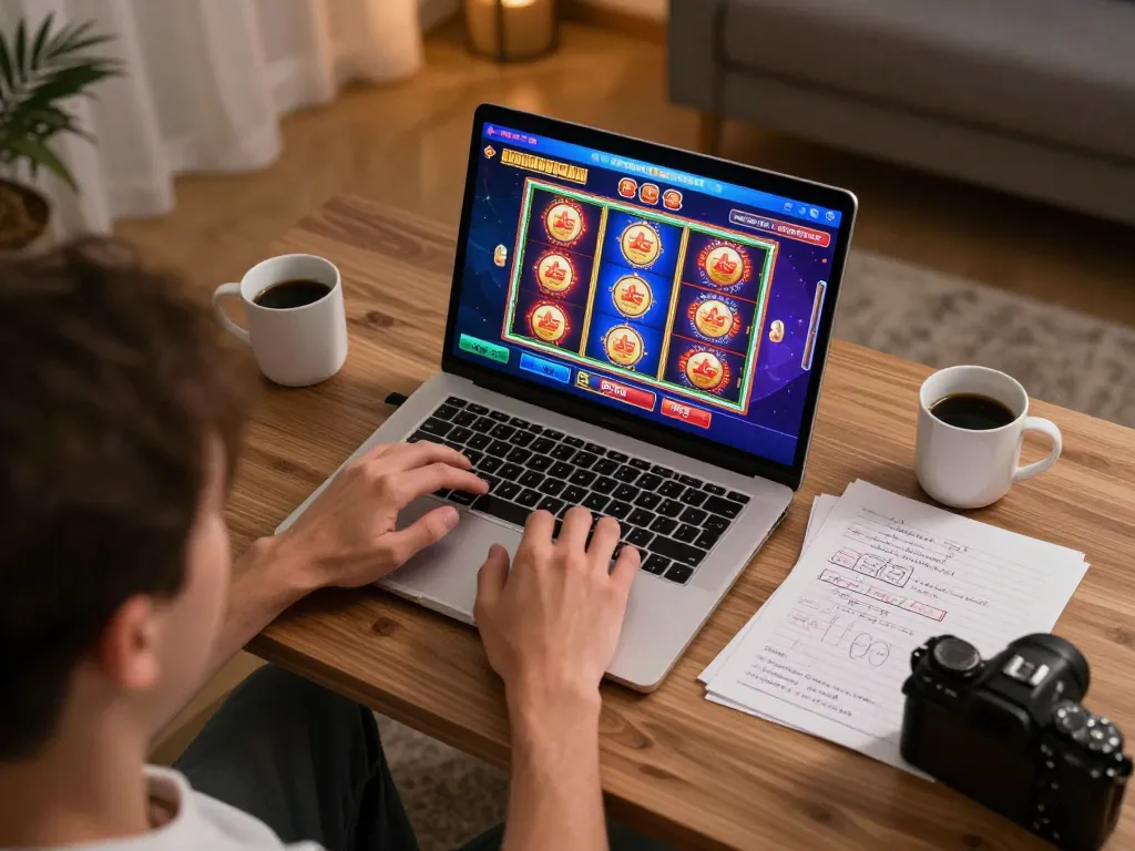 Engaging in online gaming at home with XX88, showcasing a vibrant setup and strategic notes.