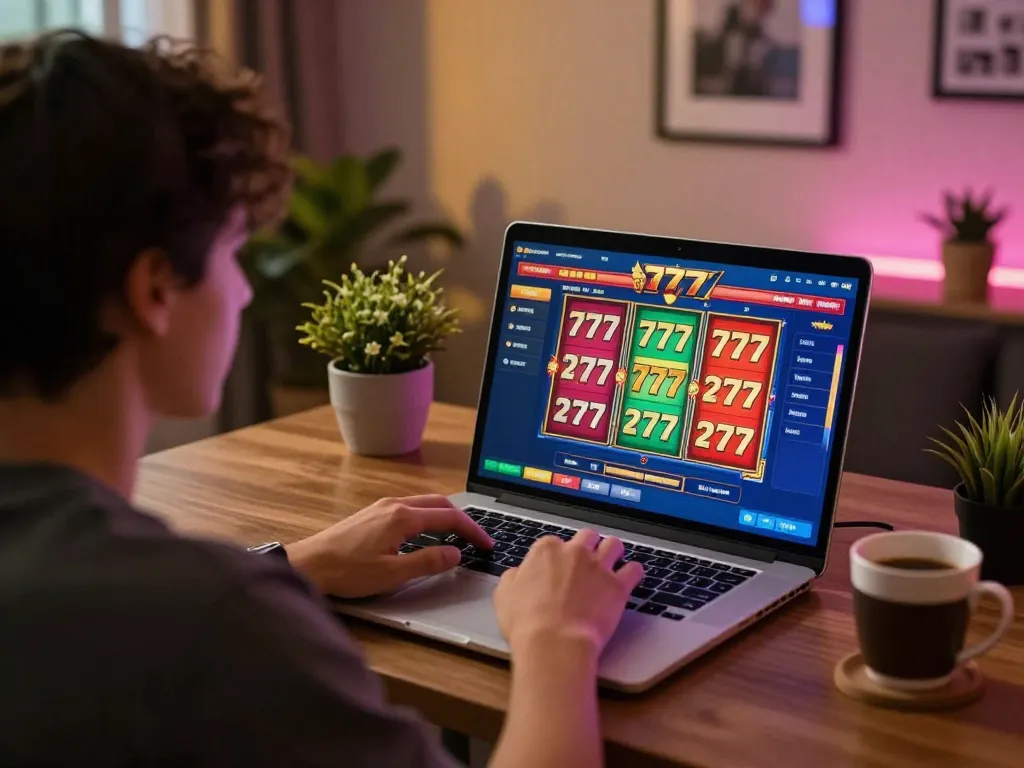 Player enjoying an exciting slot777 game on their laptop in a cozy home setting, emphasizing online gambling.