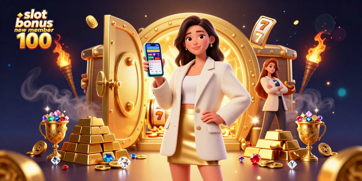 Spin and win with slot bonus new member 100, featuring vibrant casino elements and jubilant atmosphere.