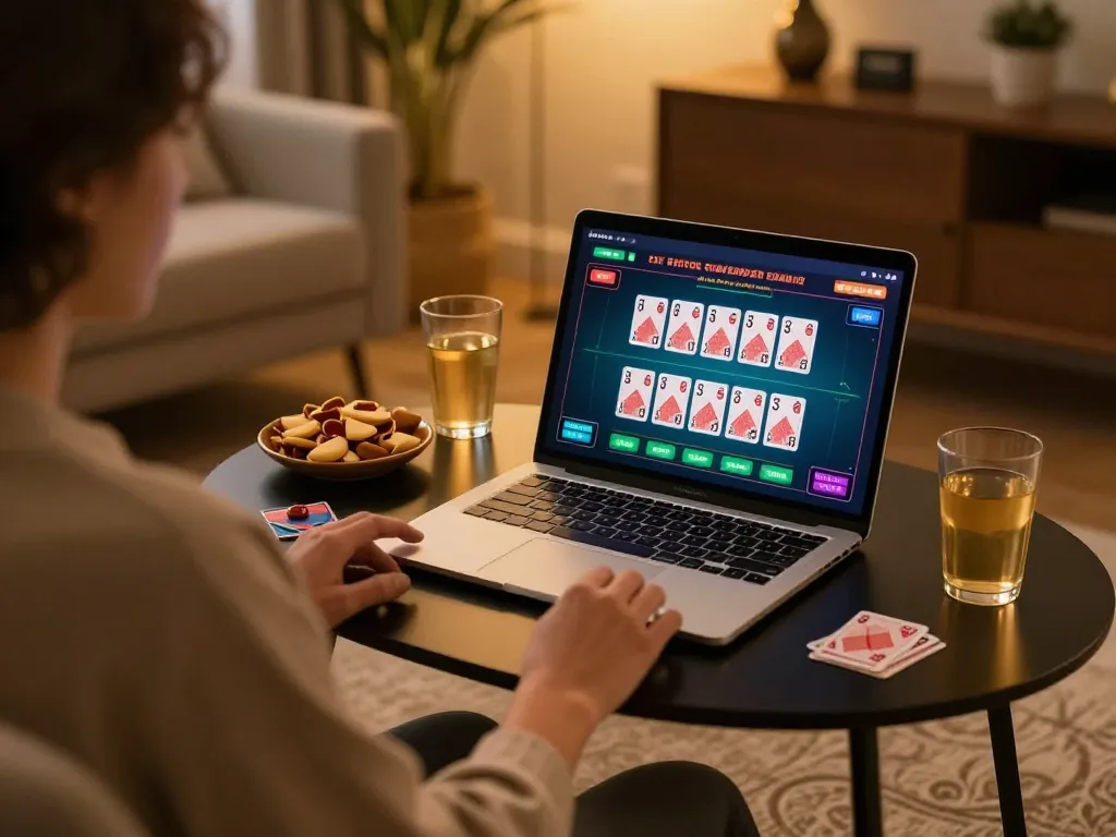 Engaging baccarat gameplay on tr88it laptop in a cozy home environment, showcasing responsible gaming.