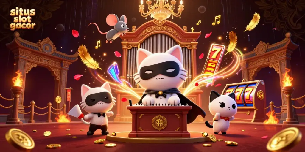 Menjajal fitur situs slot gacor dengan kucing berwarna putih dan pemain bersenang-senang di kasino.