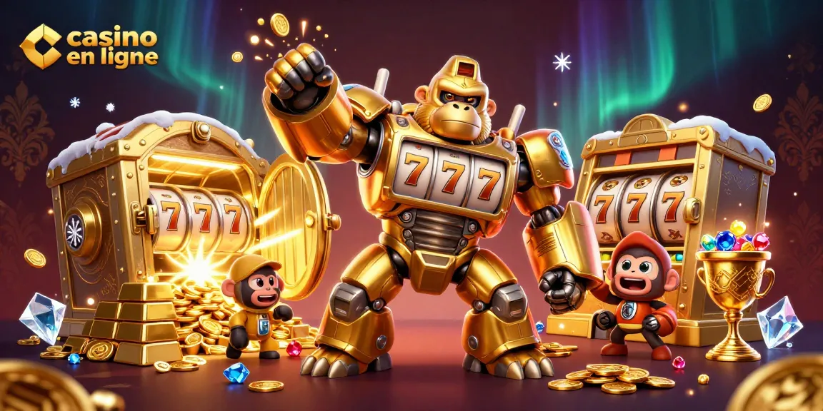 Plongez dans le casino en ligne avec un gorille mech doré et des trésors scintillants.