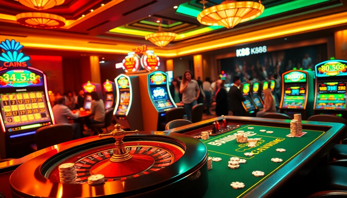 K88 casino players enjoying exciting games at a vibrant table with poker chips and slot machines.