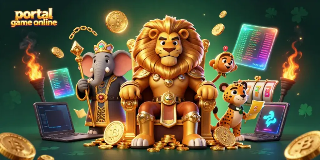 Engage with the vibrant portal game online experience featuring a lion king, elephant, and cheetah in an exciting casino setting.