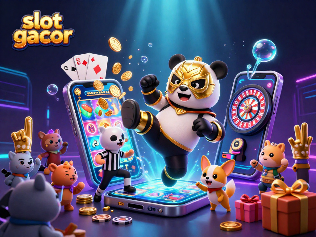Menangkan slot gacor tampak energik dengan panda pegulat terbang, dikelilingi elemen kasino.