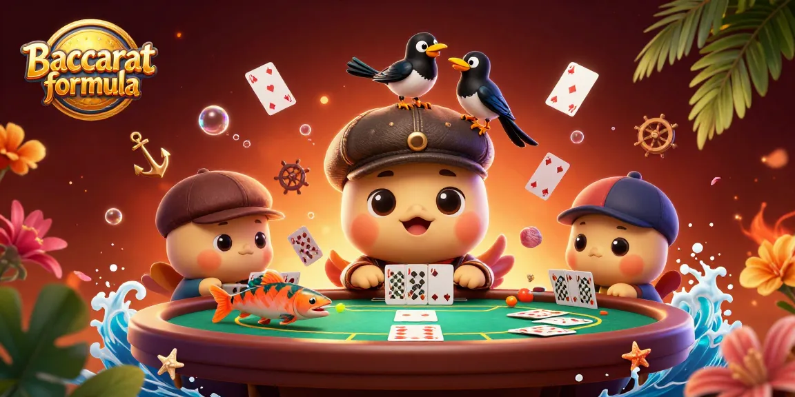 Baccarat formula scene featuring a cute cartoon Nessie and friends at a baccarat table, surrounded by playing cards and casino elements.
