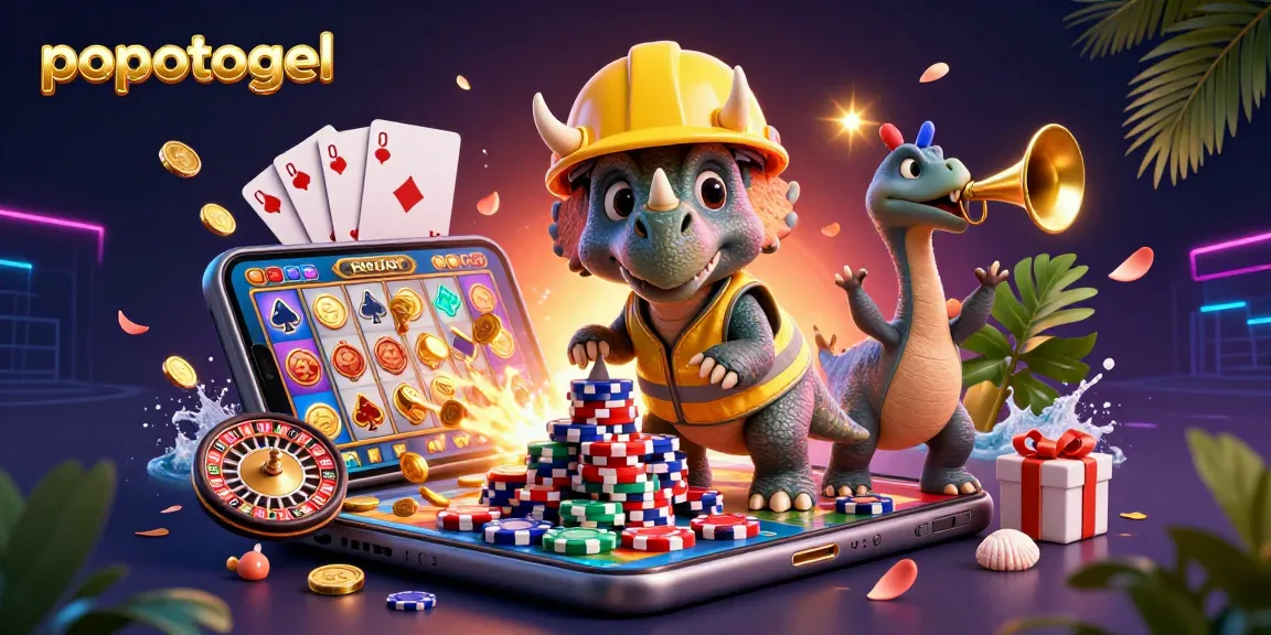 Engage with popotogel through a vibrant 3D scene featuring a triceratops and playful elements celebrating slot gaming.